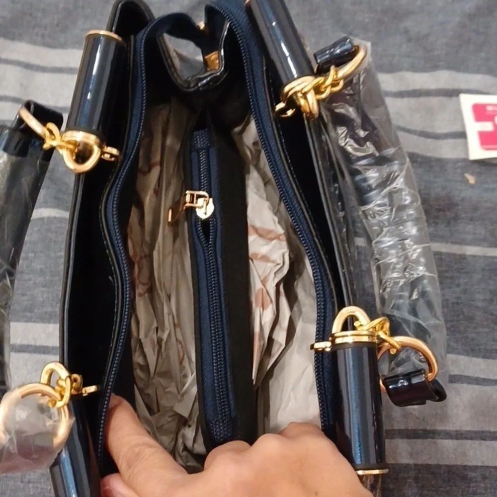 Patent Leather Top Handle Crossbody Handbag, Navy & Gold & Silver, 12.5x7. 5x5.5